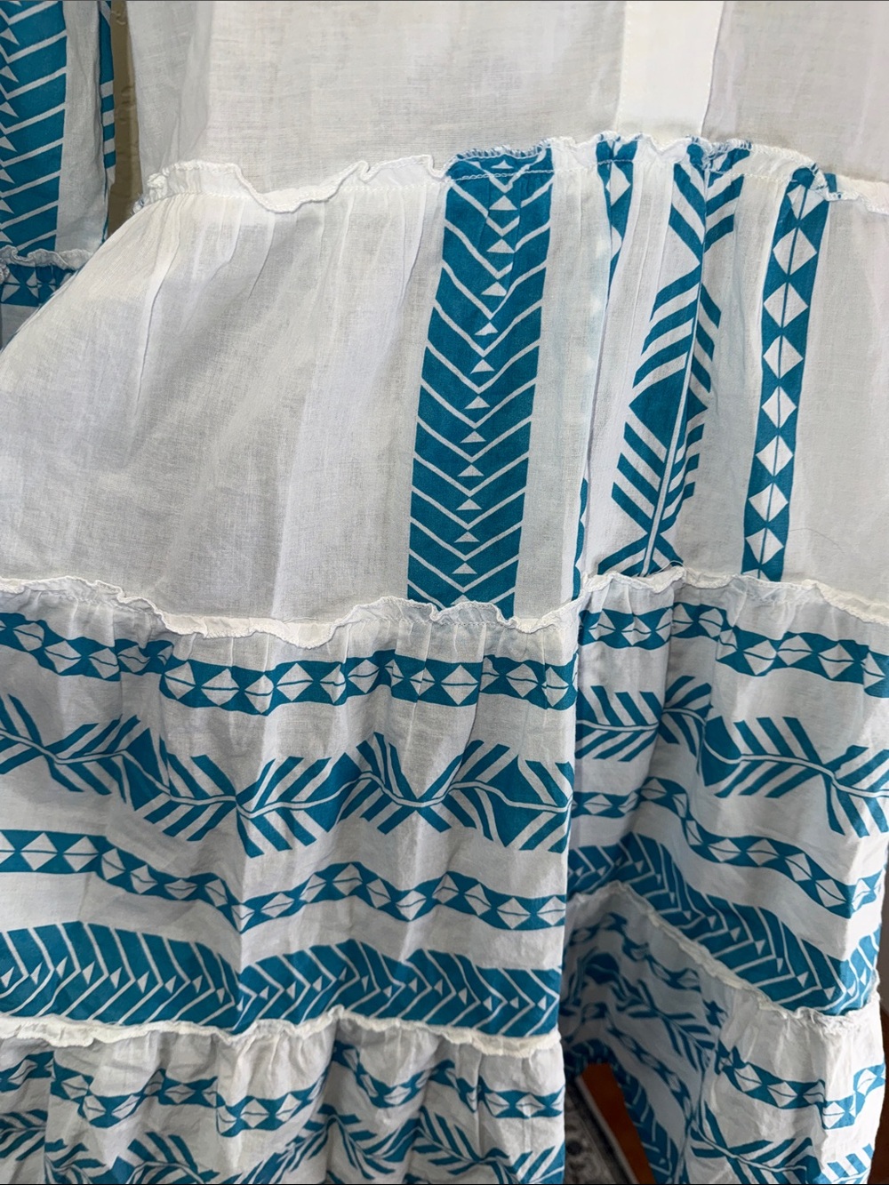Attic Salt Blue & White Cotton Tiered V-Neck Boho Midi Dress Coastal Aztec XL - Picture 4 of 13